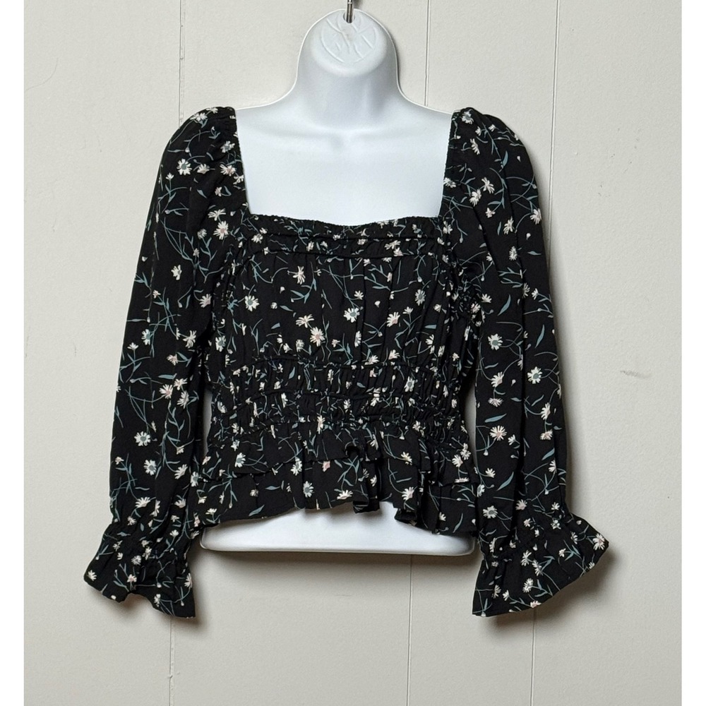 Greylin Black Floral Smocked Peplum Blouse Square Neck Daisy Print Size Medium